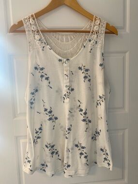 Kismet White Tank with Blue Floral Print and Lace Yoke